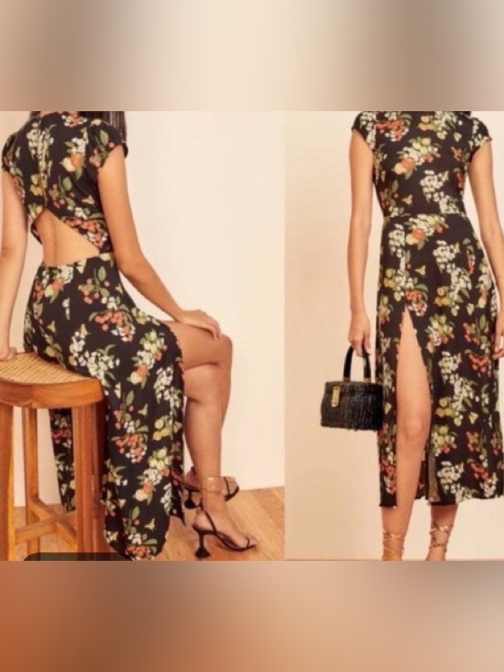 Reformation Black Floral Midi Dress with Fruit Print